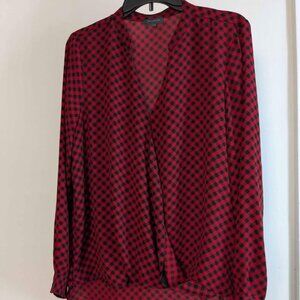 Red and Black Plaid V-neck Women's Large Sheer Long Sleeve Shirt